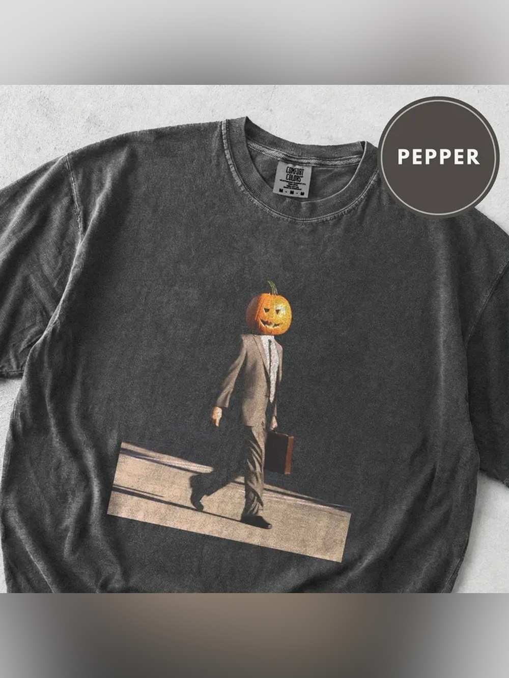 Corporate Halloween Pumpkin Head Suit Pepper Comfort Colors Graphic Tee